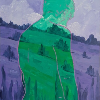 Pintura com figura humana verde e fundo roxo com nuvens