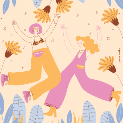 Ilustração de duas mulheres com roupas coloridas entre folhas e flores