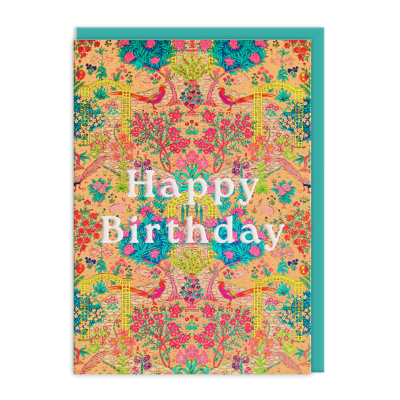 Cartão de aniversário floral com texto Happy Birthday e envelope azul