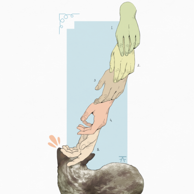 Ilustração de cinco mãos coloridas tocando-se em sequência vertical sobre fundo azul claro