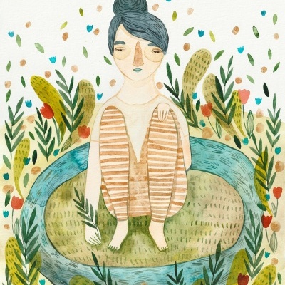 Ilustração aguarela mulher sentada rodeada de plantas e flores coloridas