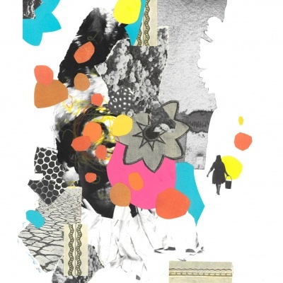 Colagem artística com formas coloridas e preto e branco e figura humana pequena