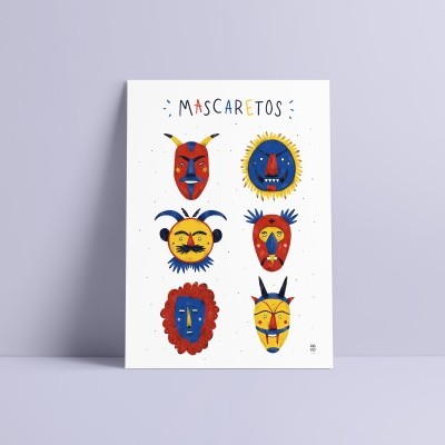 Cartaz branco com ilustrações de máscaras coloridas e título MASCARTEOS