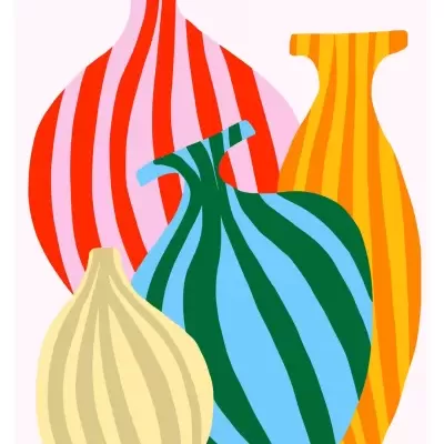 Ilustração colorida de quatro vasos com riscas verticais
