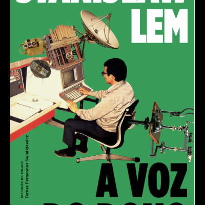 Capa de livro verde com texto em branco e preto e homem usando computador antigo