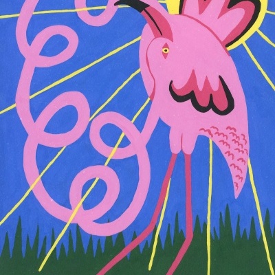 Pintura artística de um flamingo cor-de-rosa com sol amarelo e relva verde