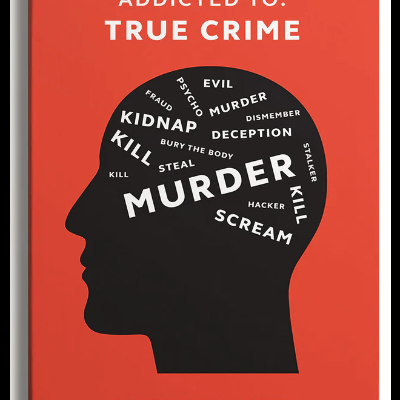 Capa de livro vermelho com silhueta de cabeça e palavras relacionadas a crimes.