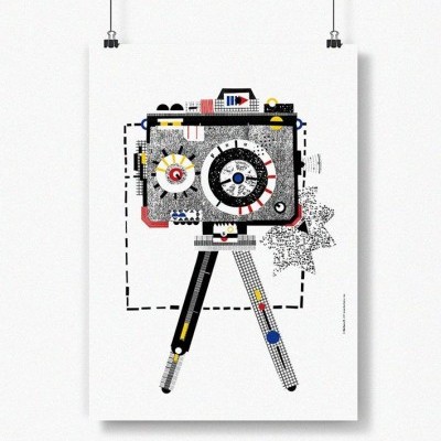 Pôster artístico com ilustração de câmara fotográfica colorida e geométrica