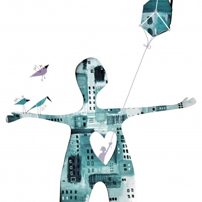 Figura humana azul abstrata com coração recortado e pássaros segurando papagaio