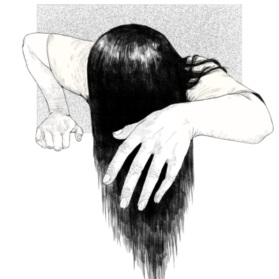 Desenho a preto e branco de pessoa com cabelo comprido e liso e mãos estendidas