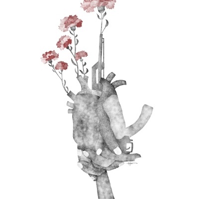 Ilustração em preto e branco de coração anatómico com rosas vermelhas a crescer.