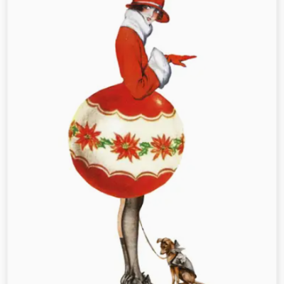 Ilustração de mulher com roupa vermelha e saia circular floral, segurando passeio com cão