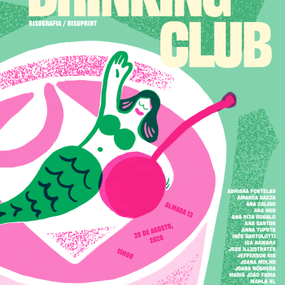 Cartaz com ilustração colorida de sereia verde com cereja e texto Drinking Club para evento em Almada a 29 de agosto de 2026.