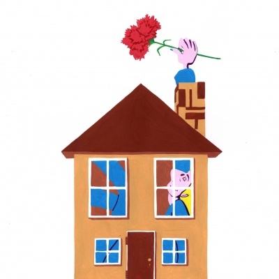 Desenho de casa com telhado castanho, janelas com vidros azuis e braço a sair da chaminé a segurar flor vermelha.