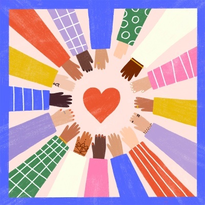 Mãos diversas apontando para um coração vermelho no centro