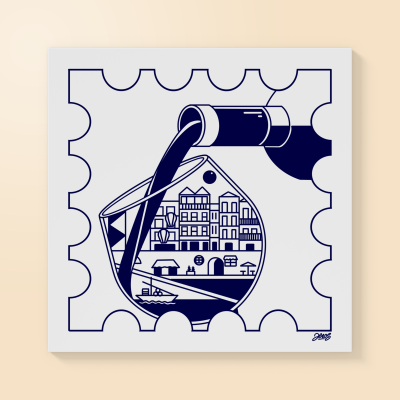 Puzzle com ilustração monocromática de garrafa a verter líquido para cálice com desenhos urbanos no interior.