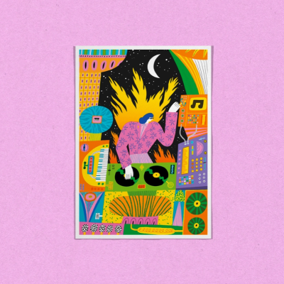 poster colorido com ilustração de DJ e discos de vinil