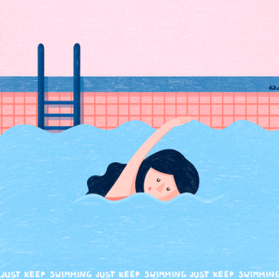 Ilustração de mulher a nadar numa piscina azul com texto 'JUST KEEP SWIMMING'.