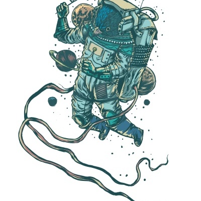 Ilustração de astronauta azul em fato espacial segurando bandeira no espaço