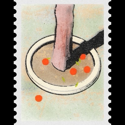 Selo com ilustração de mão segurando tigela com sopa colorida