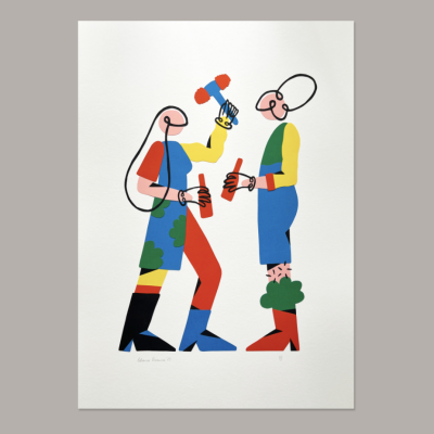 Poster artístico com duas figuras humanas coloridas estilizadas em fundo branco