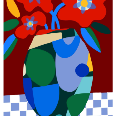 Vaso colorido com flores vermelhas em imagem digital estilizada sobre fundo vermelho e superfície xadrez azul e branca.