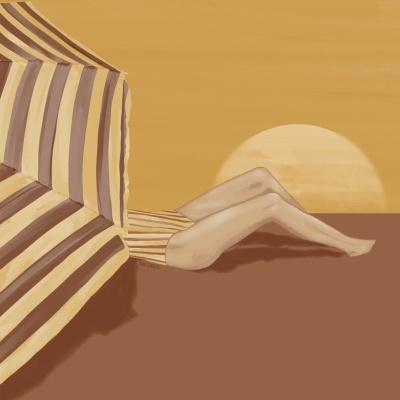 Ilustração de guarda-sol riscado e pernas estendidas ao pôr do sol