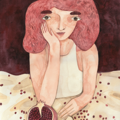 Ilustração de mulher com cabelo rosa e romã numa mesa