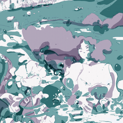 Ilustração digital com tons verdes e roxos mostrando figura feminina estilizada rodeada por plantas e montanhas