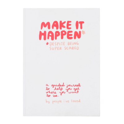 Caderno branco com texto motivacional em vermelho e rosa na capa