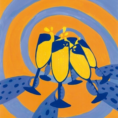 Ilustração de cinco copos de cocktail amarelos e azuis num fundo laranja com círculos azuis