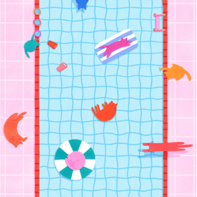 Ilustração de piscina azul com borda vermelha, gatos coloridos e acessórios de piscina