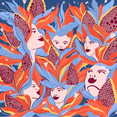 Padrão colorido com rostos femininos estilizados e folhas em tons vibrantes