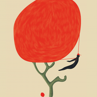 Ilustração minimalista de árvore verde com copa vermelha e figura humana preta pendurada