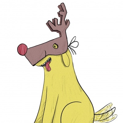 Cão amarelo sentado com máscara de rena castanha e nariz vermelho