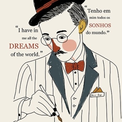 Ilustração de Fernando Pessoa a escrever com pena, roupas a risca de giz e frases em inglês e português sobre sonhos.