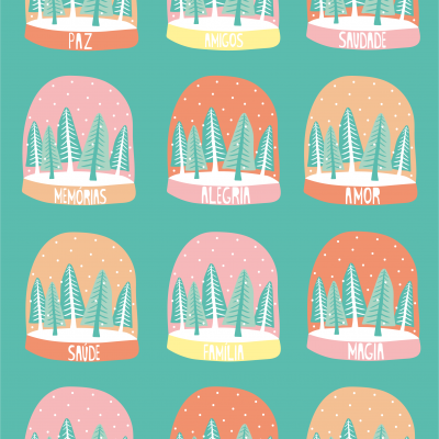 Doze bolas de neve ilustradas com árvores e palavras em português em fundos de cores pastel.