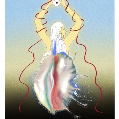 Ilustração de figura humana com máscara e fitas vermelhas