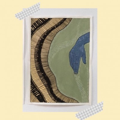 Ilustração com mão azul sobre fundo verde claro e padrão texturizado em bege e preto