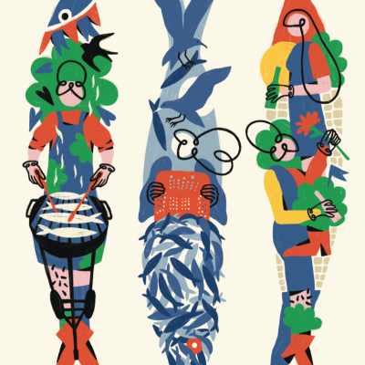 Ilustração estilizada de três figuras humanas coloridas com elementos naturais e abstratos.