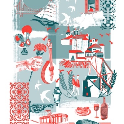 Ilustração com motivos portugueses tradicionais em vermelho e cinza