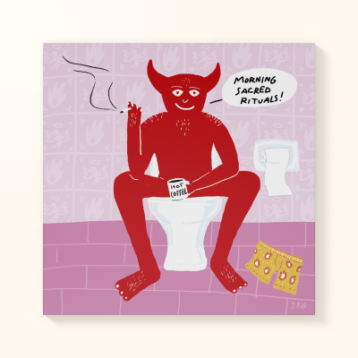 Ilustração ser vermelho com chifres sentado na sanita, segurando chávena com texto, fuma cigarro, azulejos rosa lilás
