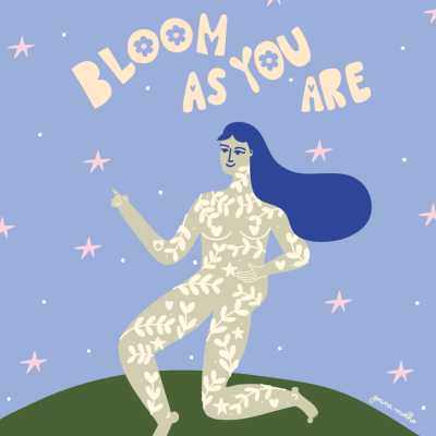 Ilustração colorida de mulher com padrão florido e texto motivacional no céu