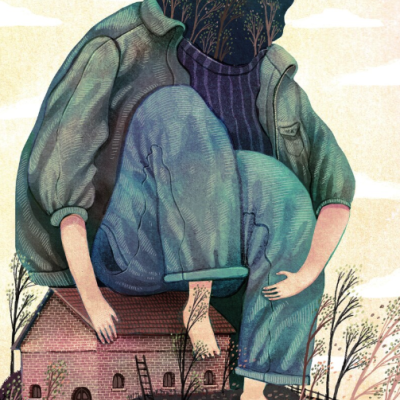 Ilustração de figura humana gigante com árvores no lugar da cabeça sentada sobre casa