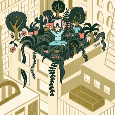 Ilustração de jardim urbano no topo de um edifício com plantações e figura meditando