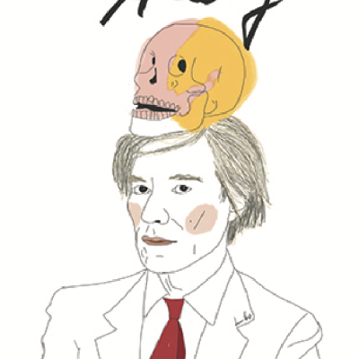 Ilustração de homem de fato branco, gravata vermelha, banana na lapela e crânio sobre a cabeça com texto Andy