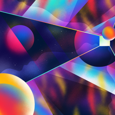 Formas geométricas coloridas abstratas num fundo espacial estrelado