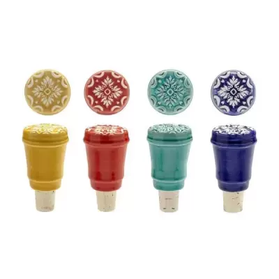 Quatro rolhas de garrafa cerâmicas coloridas com padrões florais e base de cortiça