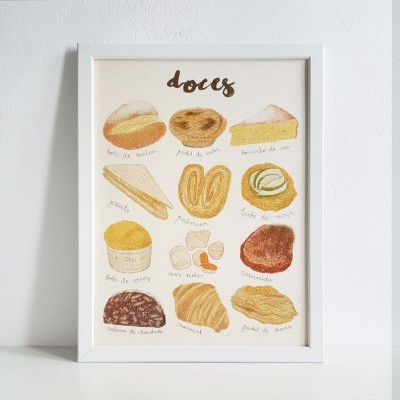 Quadro ilustrado com nomes e desenhos de doces portugueses em moldura branca