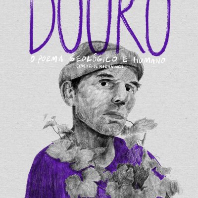 Desenho de homem com boina, folhas e uvas, texto DOURO e informações da exposição